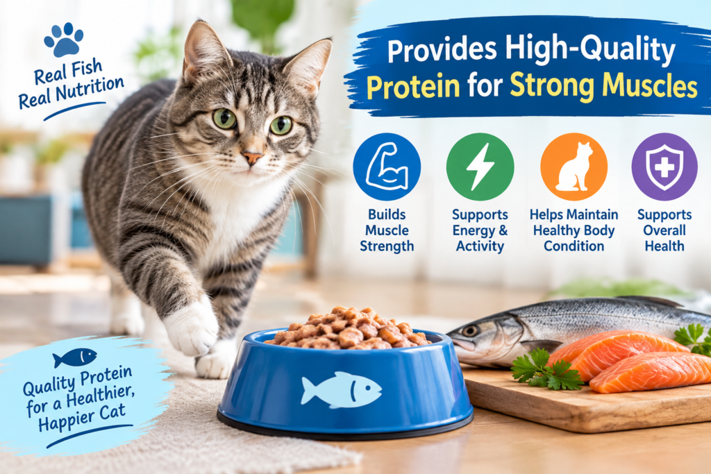  Cat eating fish cat food with fresh fish, highlighting high-quality protein for strong muscles and healthy nutrition.