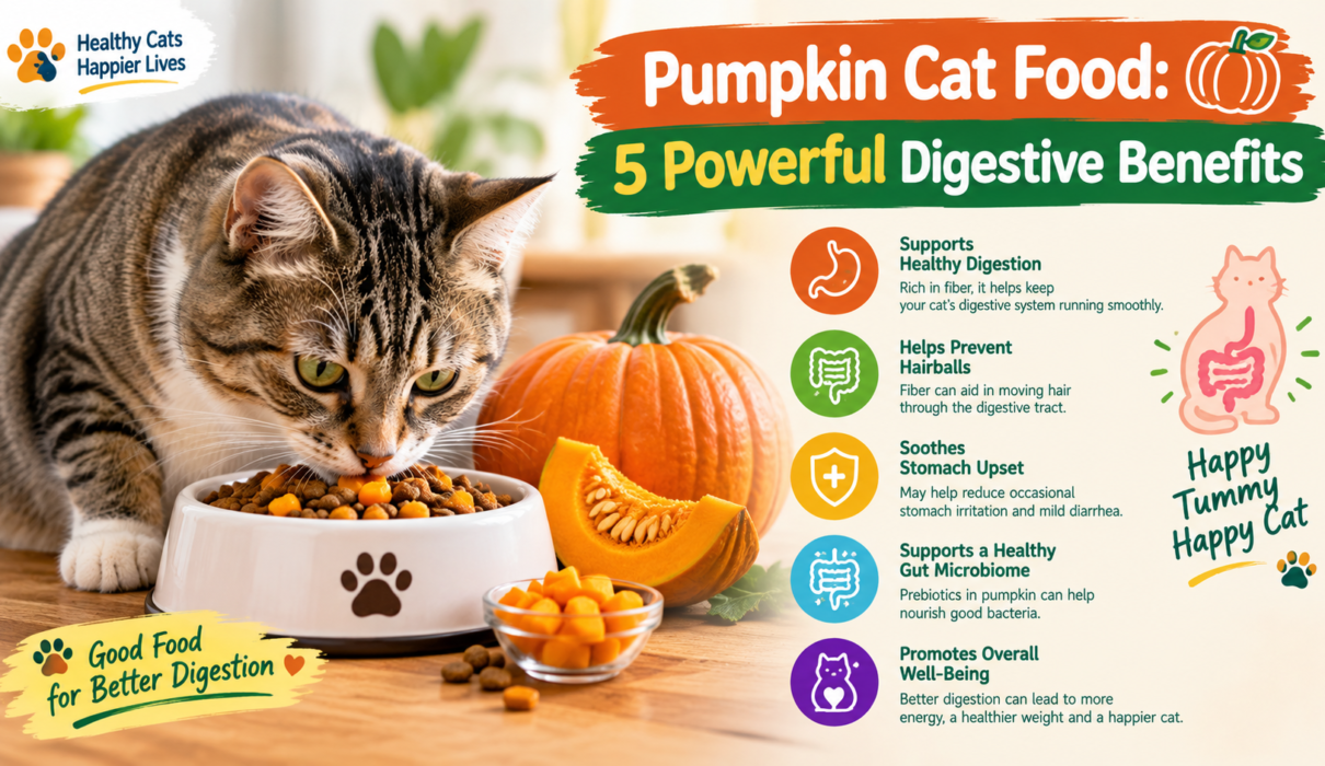 Cat eating pumpkin cat food with five digestive benefits highlighted Image 2