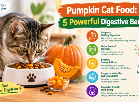 Cat eating pumpkin cat food with five digestive benefits highlighted Image 2