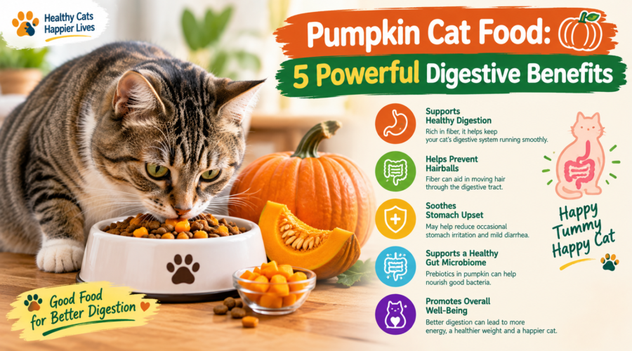 Cat eating pumpkin cat food with five digestive benefits highlighted Image 2