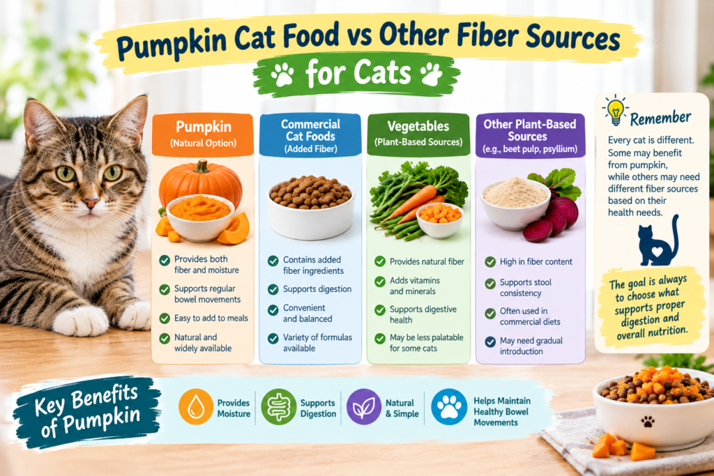 Infographic comparing pumpkin cat food with other fiber sources for cats and their digestive benefits.