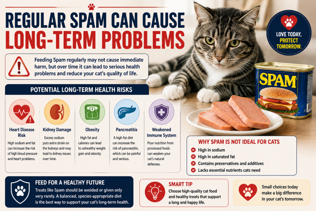 Infographic showing a cat, Spam, and potential long-term health risks including obesity, kidney problems, heart disease, pancreatitis, and poor nutrition.