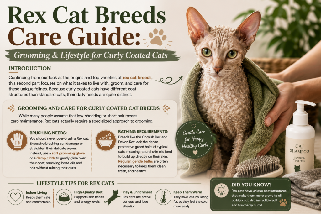 Curly coated Rex cat receiving gentle grooming and care, with cat shampoo, towel, and grooming brush.