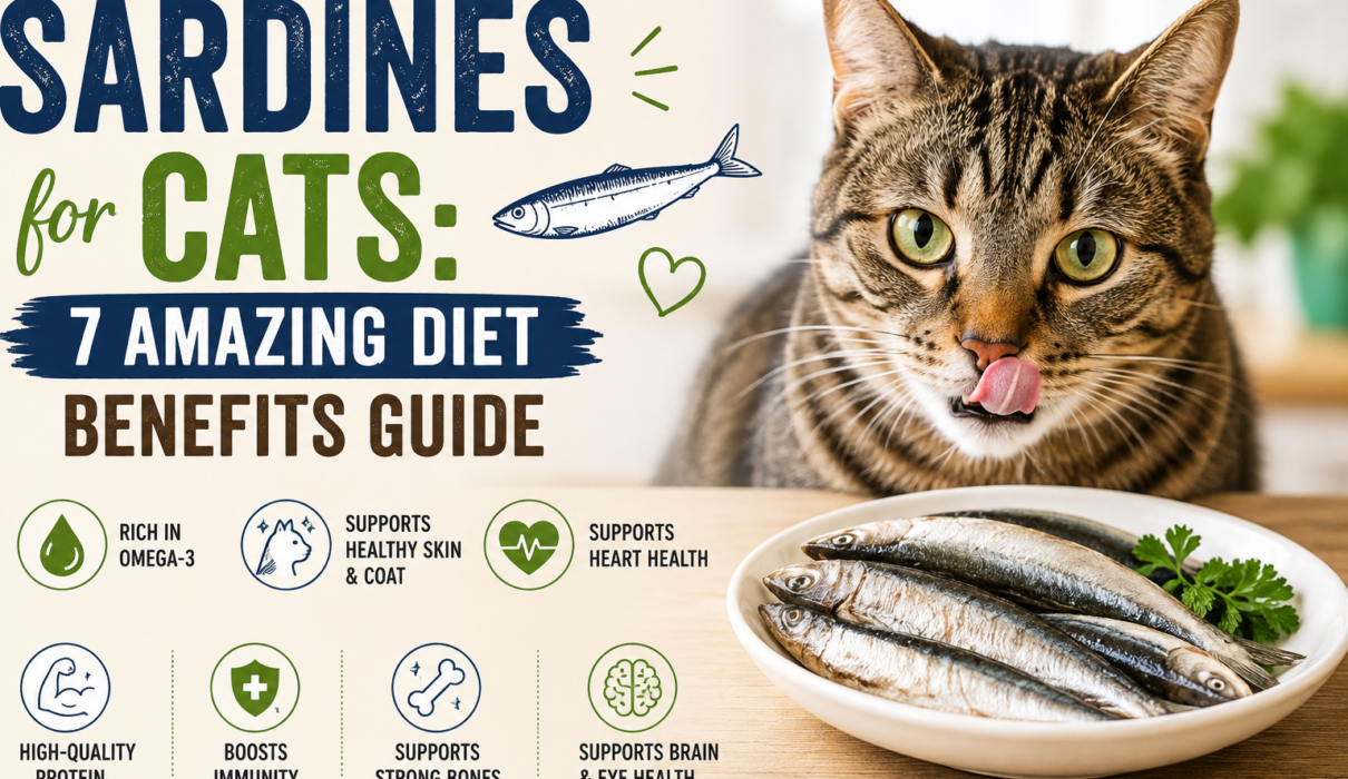 Sardines for cats with a tabby cat and seven potential diet benefits including omega-3, healthy skin and coat, heart health, and protein.