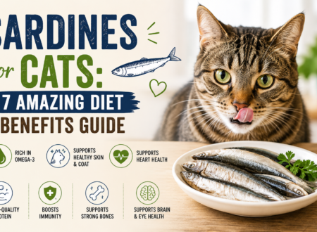 Sardines for cats with a tabby cat and seven potential diet benefits including omega-3, healthy skin and coat, heart health, and protein.