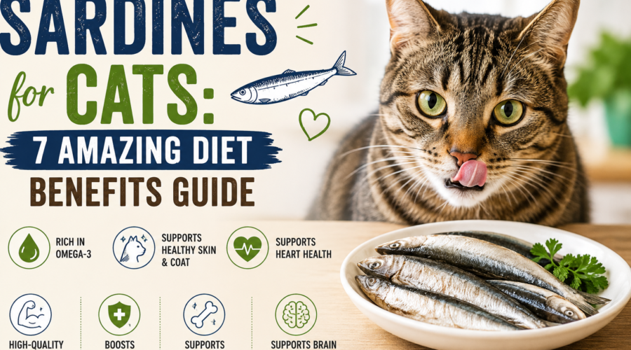 Sardines for cats with a tabby cat and seven potential diet benefits including omega-3, healthy skin and coat, heart health, and protein.