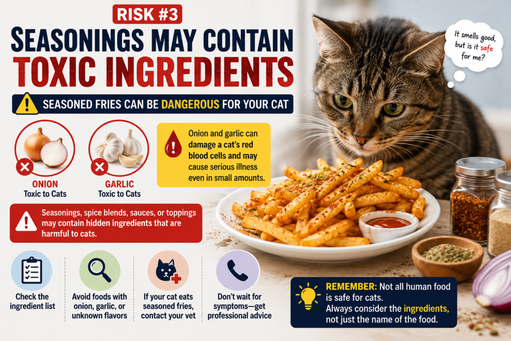 Cat beside seasoned French fries with warnings about toxic onion, garlic, and harmful ingredients in spice blends and sauces.