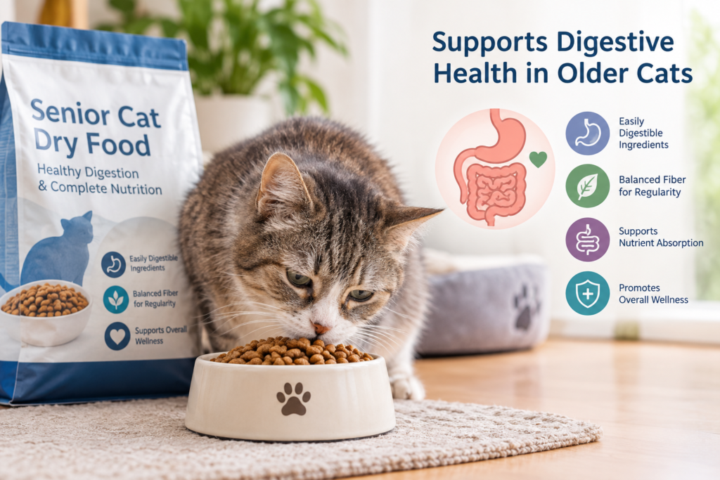 Senior cat eating dry food to support digestive health