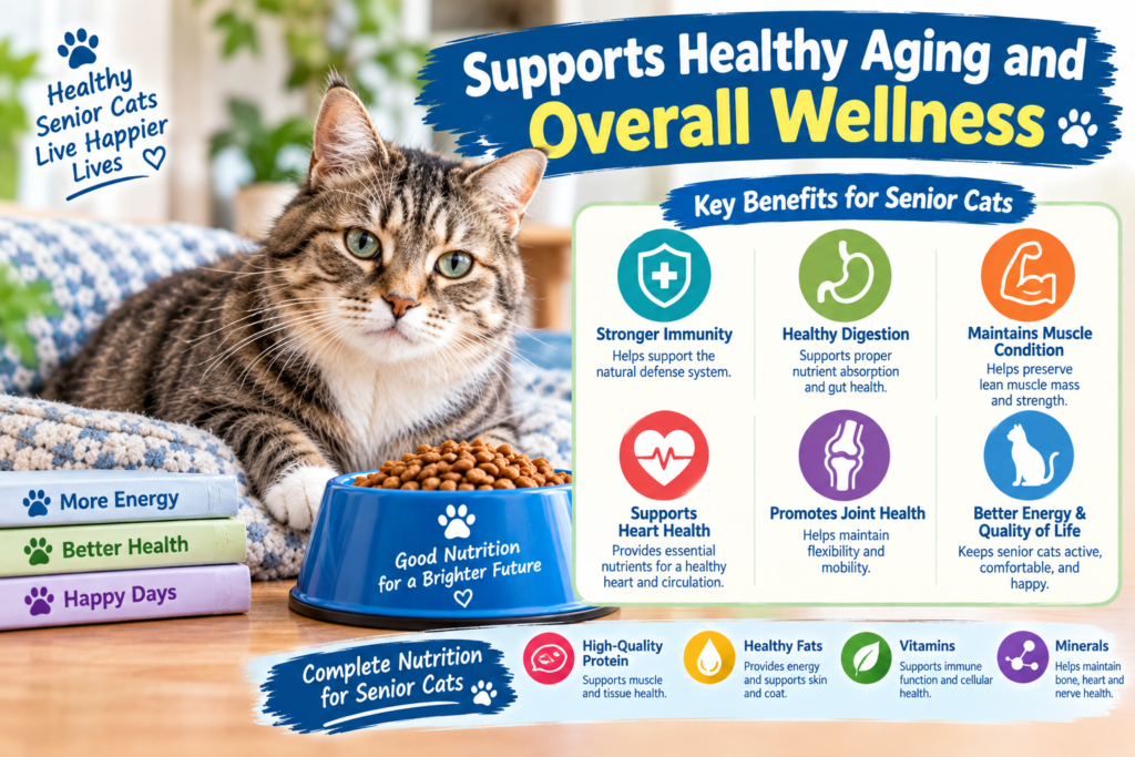 Senior cat beside dry cat food with an infographic showing nutrition benefits for healthy aging and overall wellness.