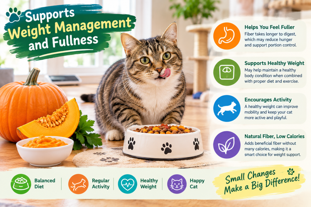  Cat eating pumpkin cat food while natural fiber supports fullness and healthy weight management.