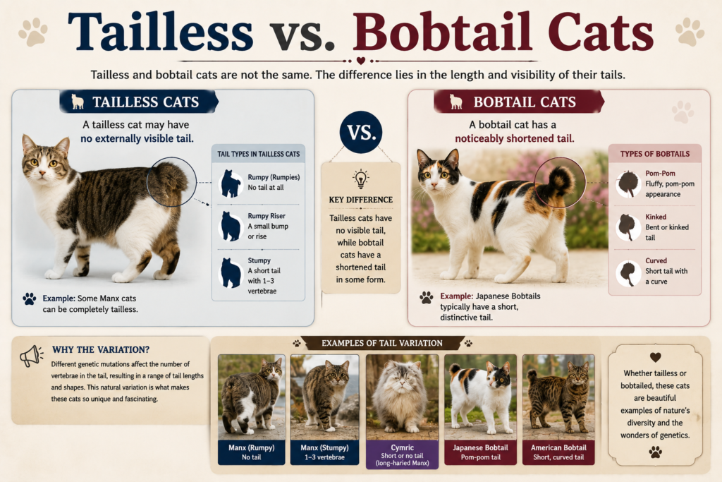 Infographic comparing tailless and bobtail cats, showing different tail lengths and shapes in Manx, Cymric, Japanese Bobtail, and American Bobtail cats