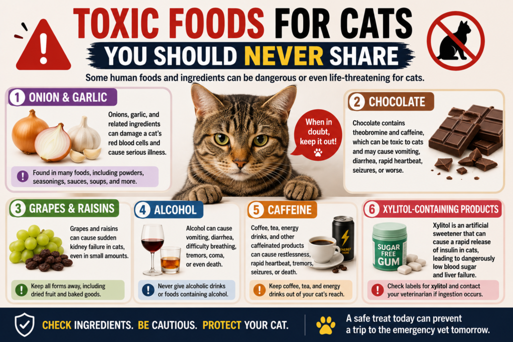 Landscape infographic showing a cat surrounded by warnings about toxic foods, including onion and garlic, chocolate, grapes and raisins, alcohol, caffeine, and xylitol.