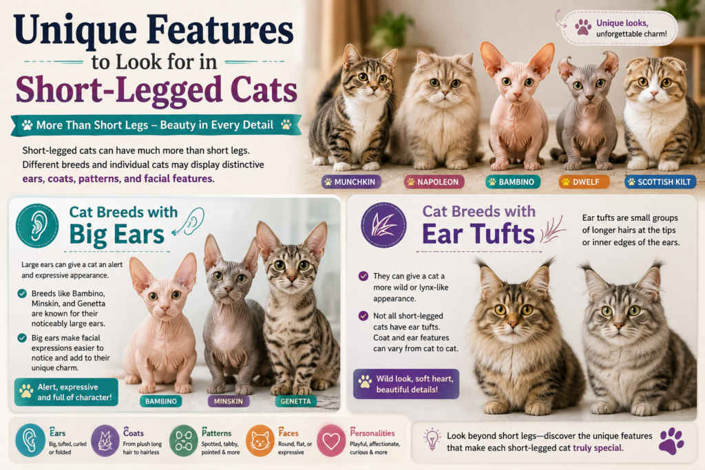 Short-legged cats showing unique features including big ears, ear tufts, different coats, patterns, and facial 9 Short-Legged Cat Breeds with Unique Features: Complete Guidshapes.