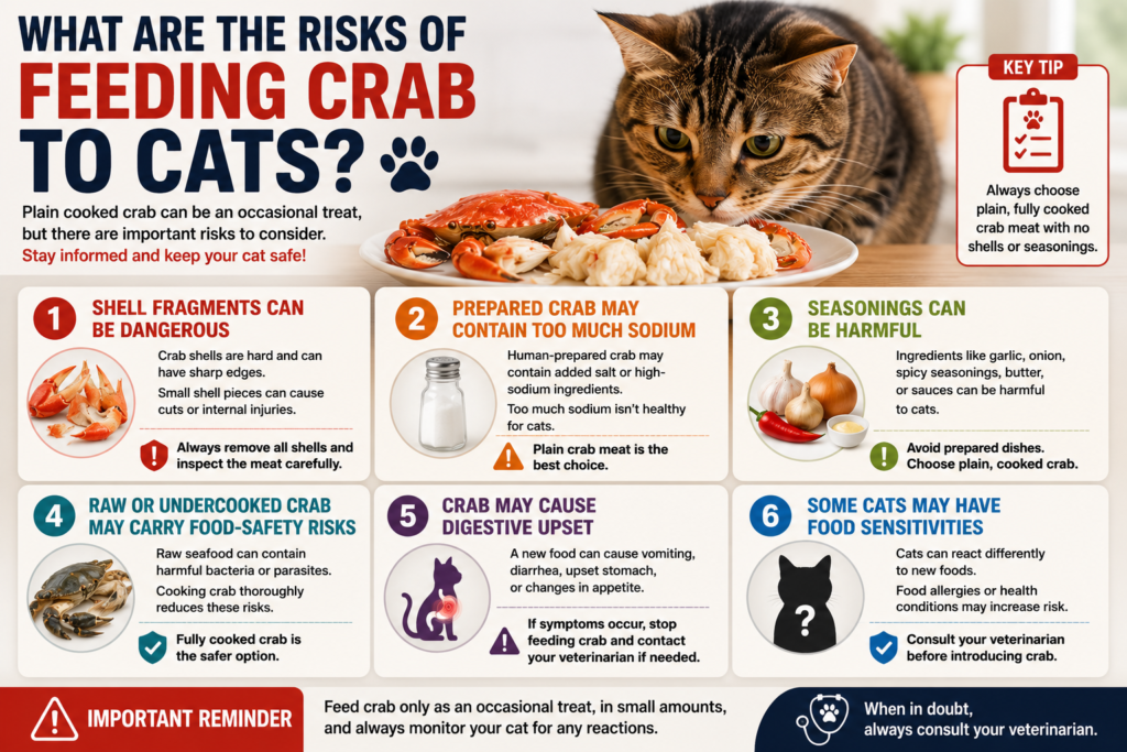  Infographic showing a cat and cooked crab with six risks of feeding crab to cats, including shells, sodium, seasonings, raw seafood, digestive upset, and food sensitivities.