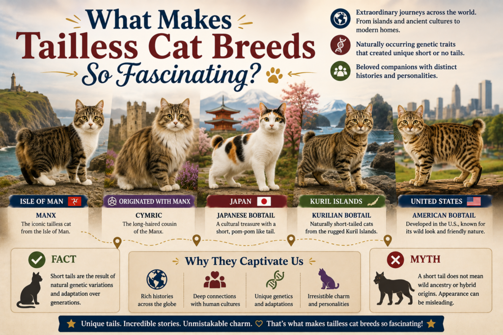 Tailless cat breeds from different regions showing unique short tails and distinctive appearances, highlighting their history and natural genetics.