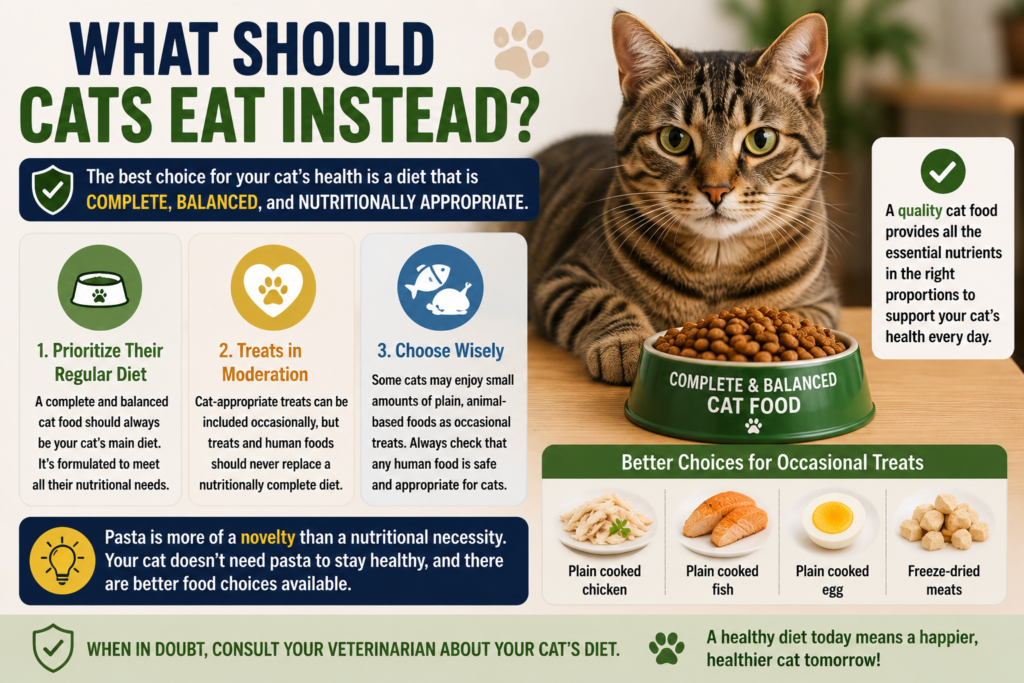 Tabby cat beside a bowl of complete and balanced cat food with healthy treat options including plain chicken, fish, egg, and freeze-dried meat.