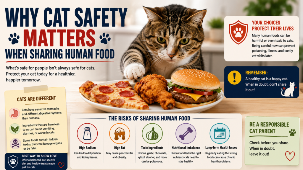 Infographic titled “Why Cat Safety Matters When Sharing Human Food,” featuring a cat beside a plate of pizza, fried chicken, and a hamburger. It explains risks of human food for cats, including high sodium, high fat, toxic ingredients, nutritional imbalance, and long-term health issues, and advises cat owners to check food safety before sharing.