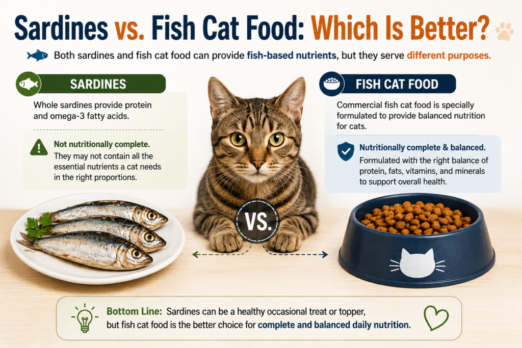 Infographic comparing sardines and fish cat food, with a tabby cat between a plate of whole sardines and a bowl of cat food. Sardines provide protein and