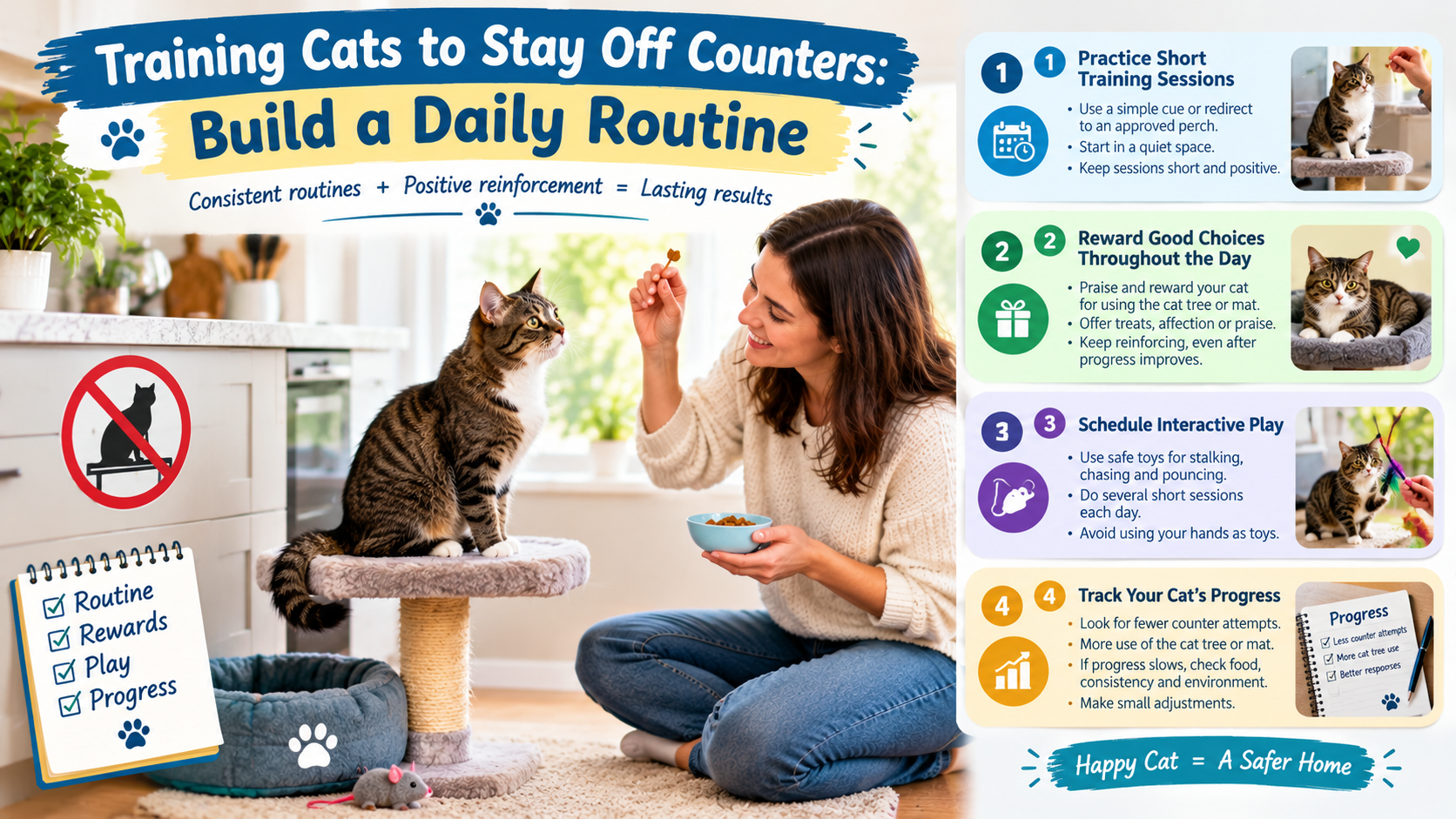 Training cats to stay off counters with a daily routine, positive reinforcement, interactive play, and a cat tree