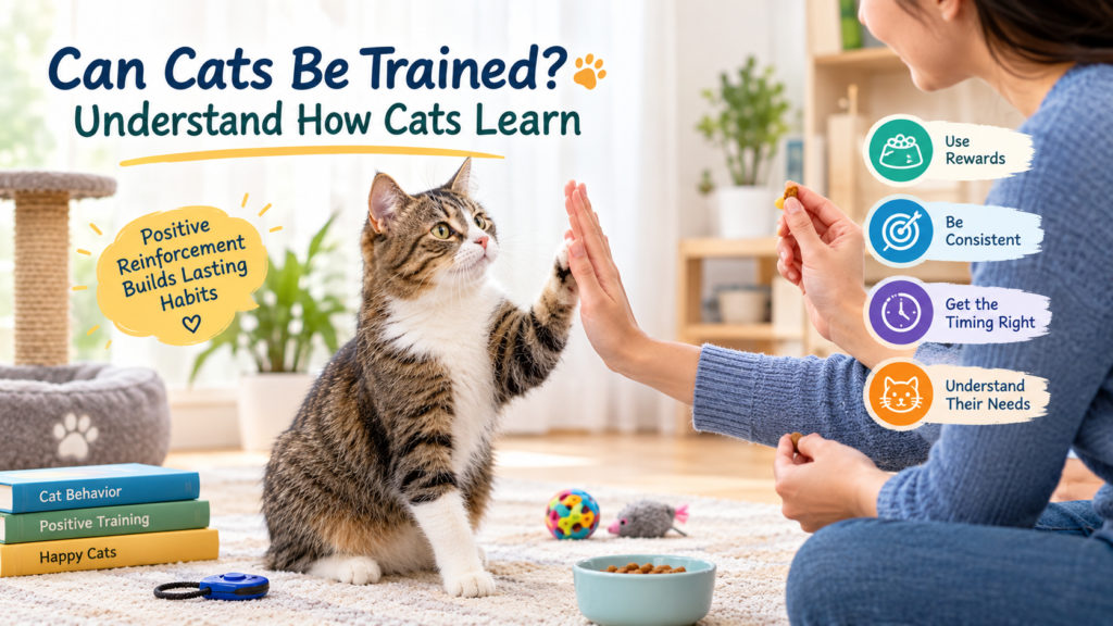 Tabby cat raising its paw to meet its owner's hand during positive reinforcement training at home, with treats and cat toys nearby.
