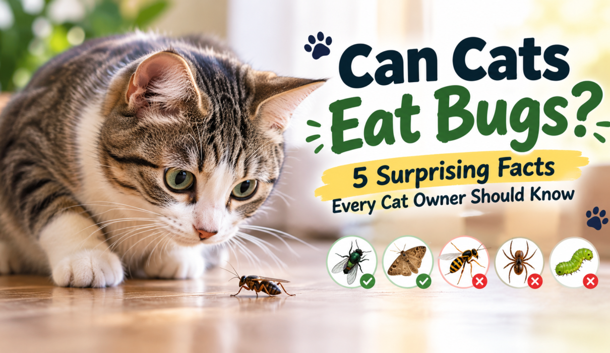 : Can cats eat bugs? Curious tabby cat watching an insect with illustrations of potentially safe and dangerous bugs.