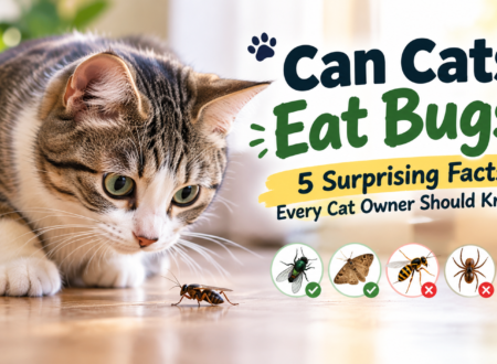: Can cats eat bugs? Curious tabby cat watching an insect with illustrations of potentially safe and dangerous bugs.