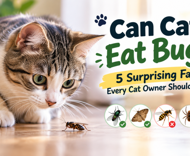 : Can cats eat bugs? Curious tabby cat watching an insect with illustrations of potentially safe and dangerous bugs.