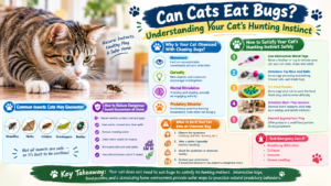 Can Cats Eat Bugs? Infographic showing a tabby cat chasing an insect, natural hunting instincts, safe play activities, and tips to protect cats from dangerous bugs.