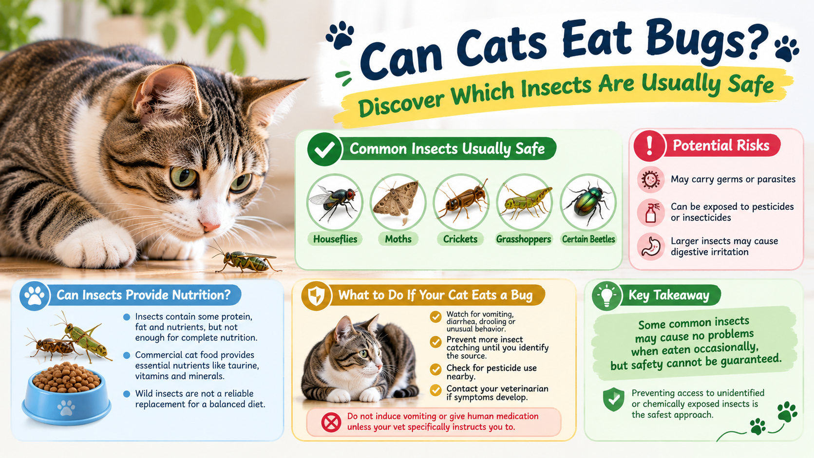 Can cats eat bugs? Curious tabby cat observing an insect with an infographic showing common insects, potential health risks, and cat safety tips.