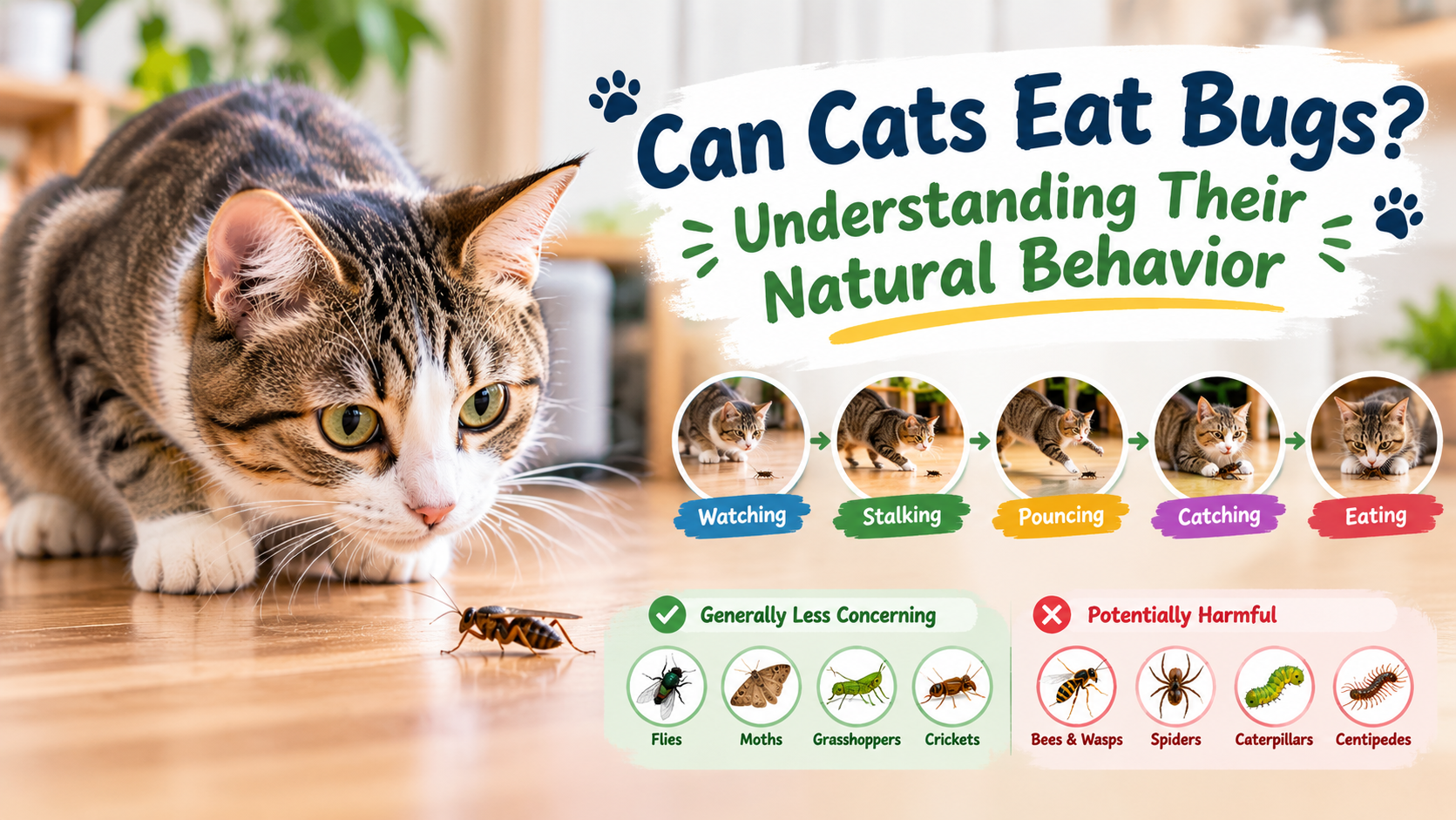 Can cats eat bugs? Tabby cat watching an insect with illustrations of natural hunting behavior and potentially harmful insects