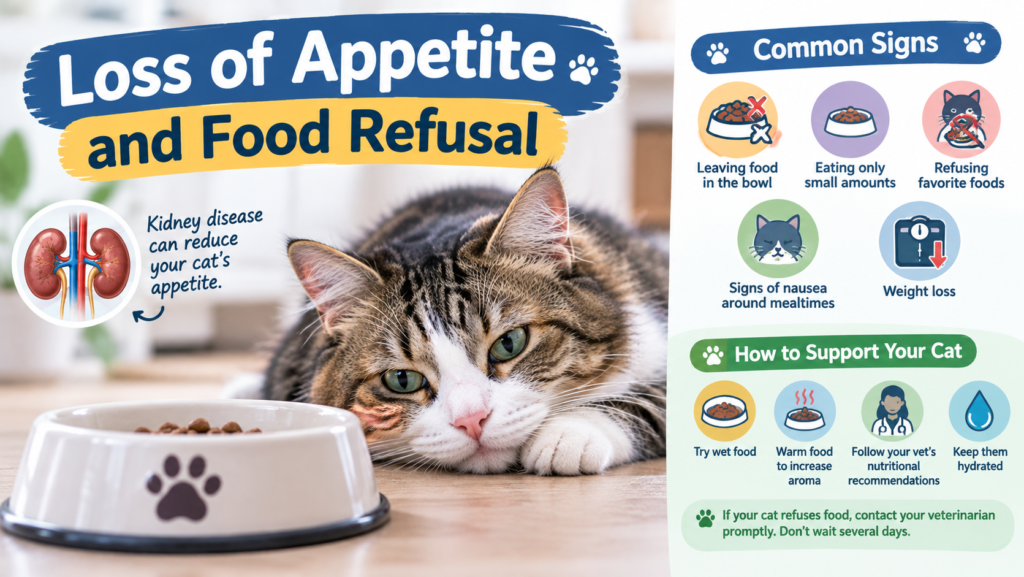 Loss of appetite and food refusal in cats with kidney disease showing a tabby cat beside a food bowl