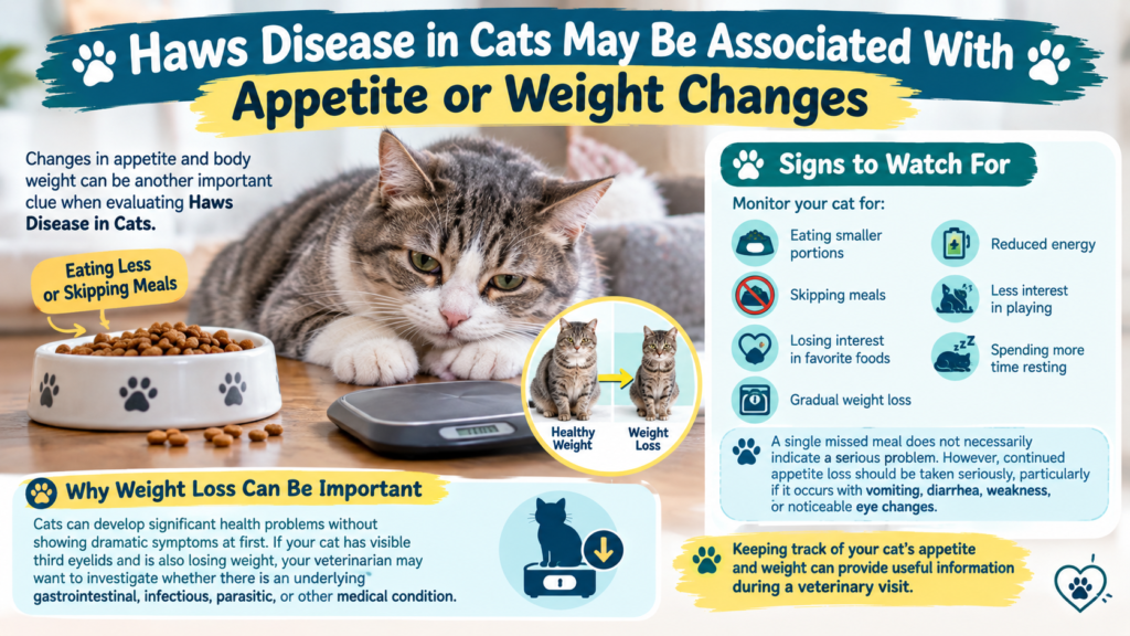 Haws Disease in Cats associated with appetite changes, reduced eating, gradual weight loss, and low energy.