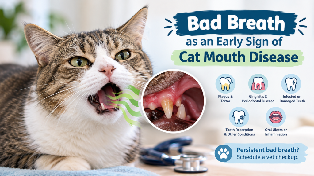Bad breath as an early sign of cat mouth disease, showing a tabby cat, dental problems, plaque, tartar, and inflamed gums.