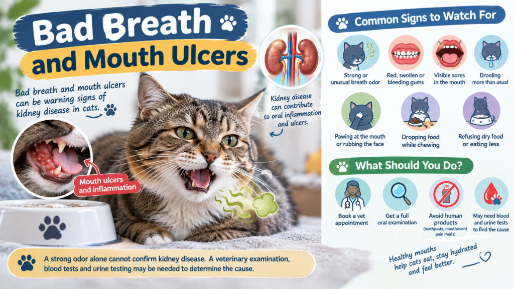 Bad breath and mouth ulcers in cats with kidney disease, showing a tabby cat and an illustration of inflamed gums and oral sores