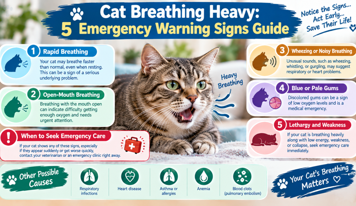 Cat breathing heavily with an open mouth, illustrating five emergency warning signs, including rapid breathing, wheezing, blue or pale gums, and weakness or cat breathing heavy.