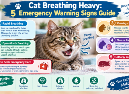 Cat breathing heavily with an open mouth, illustrating five emergency warning signs, including rapid breathing, wheezing, blue or pale gums, and weakness or cat breathing heavy.