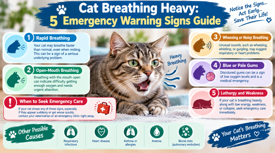 Cat breathing heavily with an open mouth, illustrating five emergency warning signs, including rapid breathing, wheezing, blue or pale gums, and weakness or cat breathing heavy.