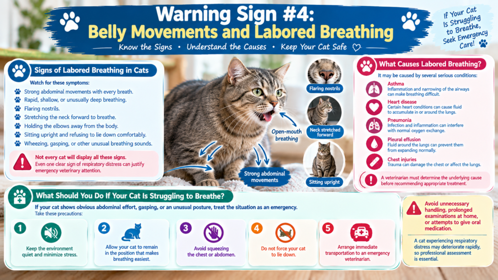 Cat breathing heavily with strong belly movements, illustrating signs of labored breathing, possible causes, and emergency veterinary care.