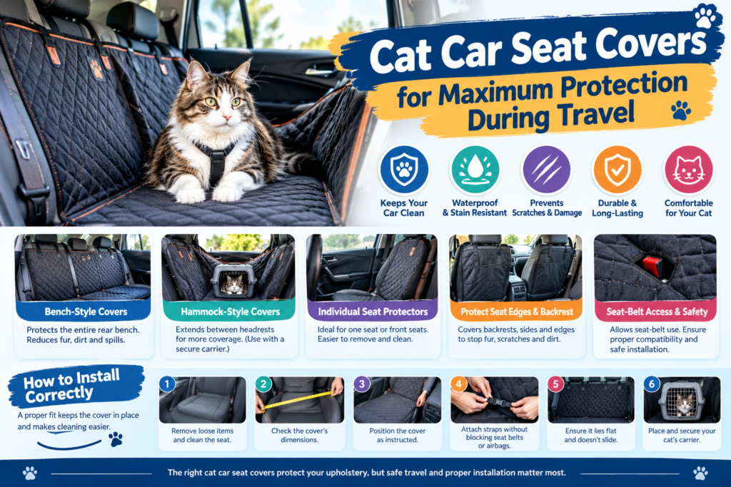 Cat sitting on a black quilted car seat cover with an infographic showing bench-style covers, hammock-style covers, individual seat protectors, seat-belt access, and proper installation for safe cat travel.