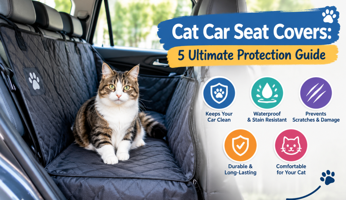 Tabby and white cat sitting on a black quilted cat car seat cover inside a car, showing protection against fur, spills, stains, and scratches.