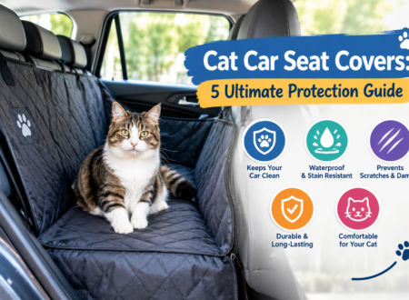 Tabby and white cat sitting on a black quilted cat car seat cover inside a car, showing protection against fur, spills, stains, and scratches.