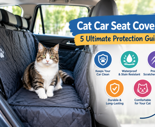 Tabby and white cat sitting on a black quilted cat car seat cover inside a car, showing protection against fur, spills, stains, and scratches.