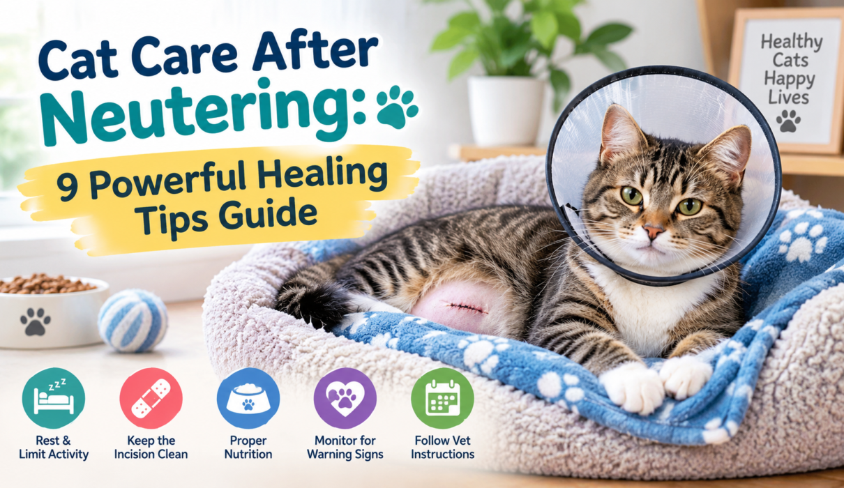 Cat care after neutering with a tabby cat wearing a recovery cone and resting comfortably in a cozy bed.