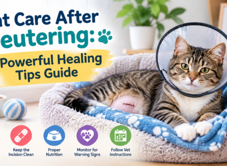 Cat care after neutering with a tabby cat wearing a recovery cone and resting comfortably in a cozy bed.