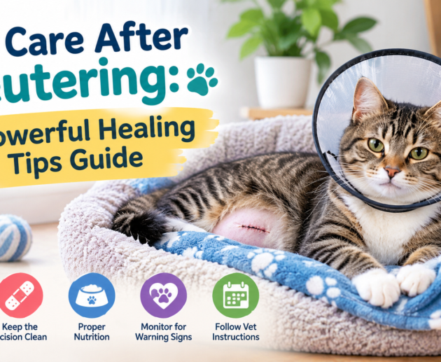 Cat care after neutering with a tabby cat wearing a recovery cone and resting comfortably in a cozy bed.