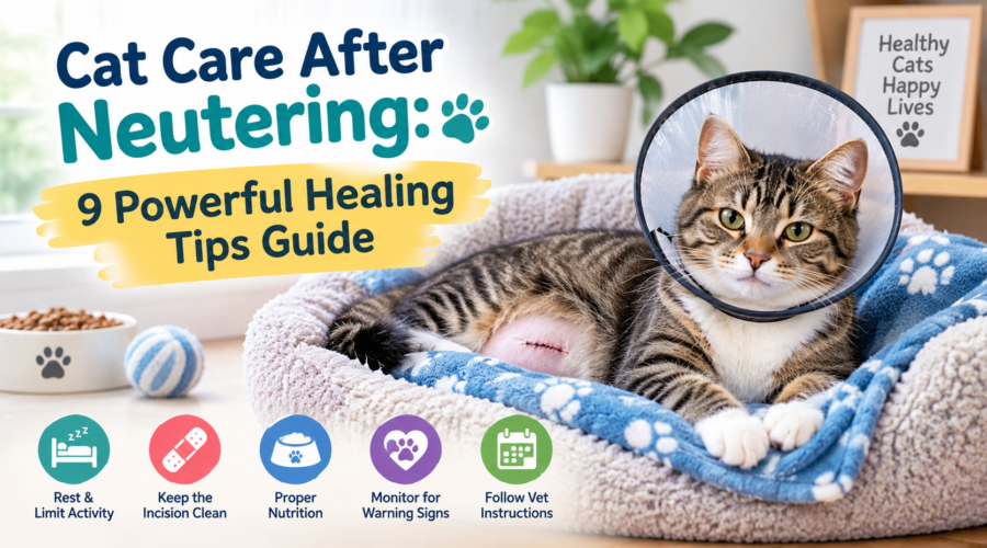 Cat care after neutering with a tabby cat wearing a recovery cone and resting comfortably in a cozy bed.