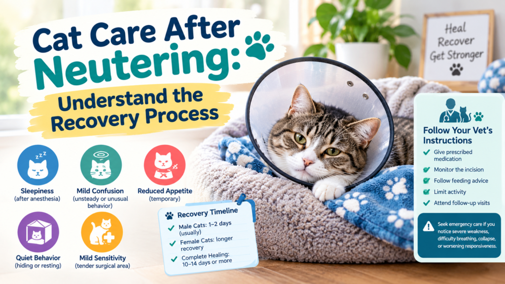 Cat care after neutering recovery guide featuring a tabby cat wearing a protective cone, common recovery symptoms, healing timeline, and veterinary care instructions.