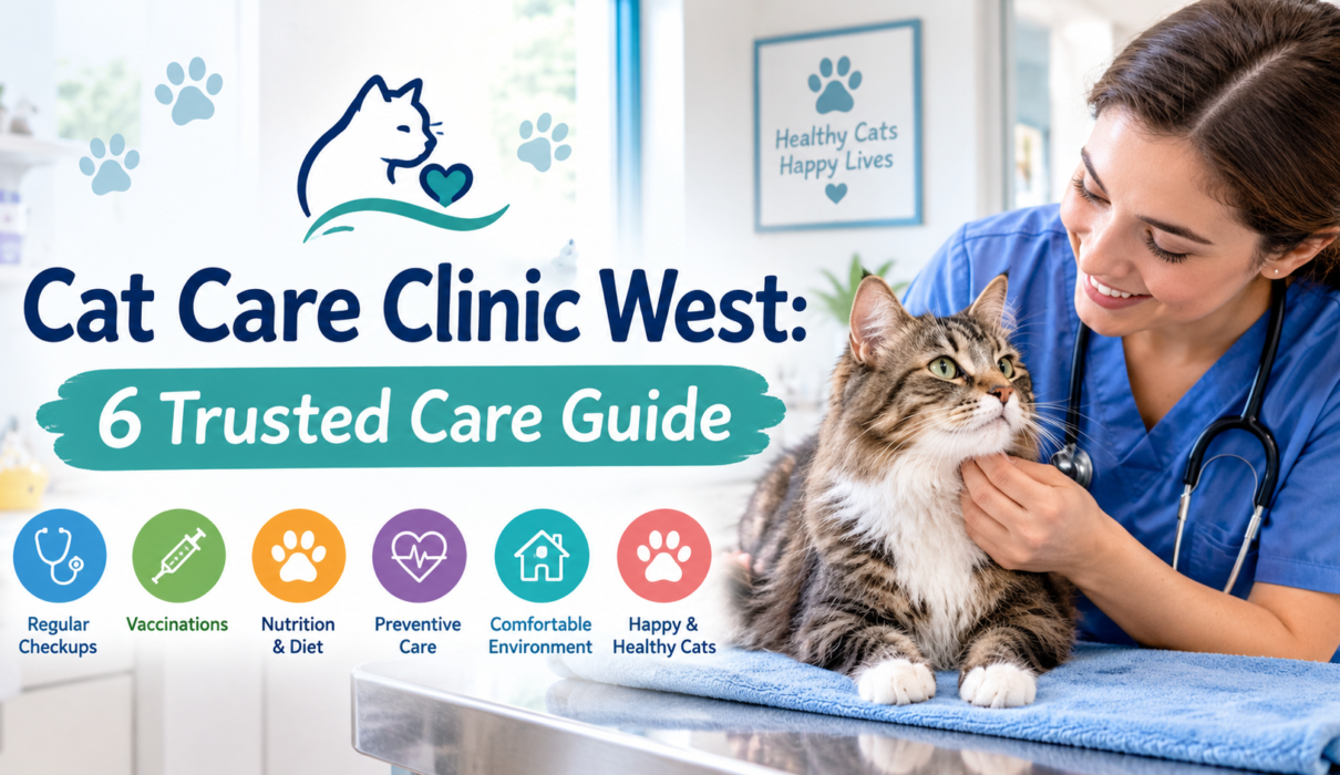 Cat Care Clinic West: 6 Trusted Care Guide featuring a veterinarian examining a tabby cat, with icons for checkups, vaccinations, nutrition, preventive care, and cat wellness.