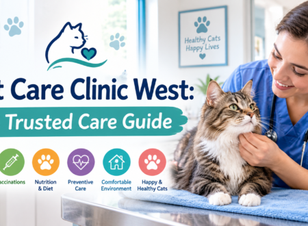 Cat Care Clinic West: 6 Trusted Care Guide featuring a veterinarian examining a tabby cat, with icons for checkups, vaccinations, nutrition, preventive care, and cat wellness.
