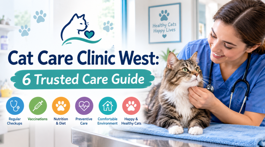 Cat Care Clinic West: 6 Trusted Care Guide featuring a veterinarian examining a tabby cat, with icons for checkups, vaccinations, nutrition, preventive care, and cat wellness.